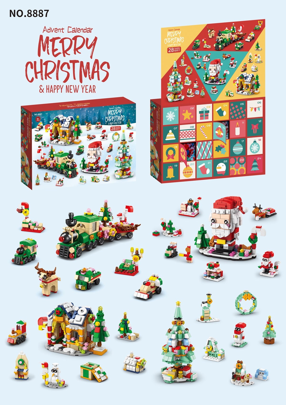 HKM-133139 Assembled Small Building Block Ornaments Set for Christmas - Nutcracker, Sled, and Tree Models