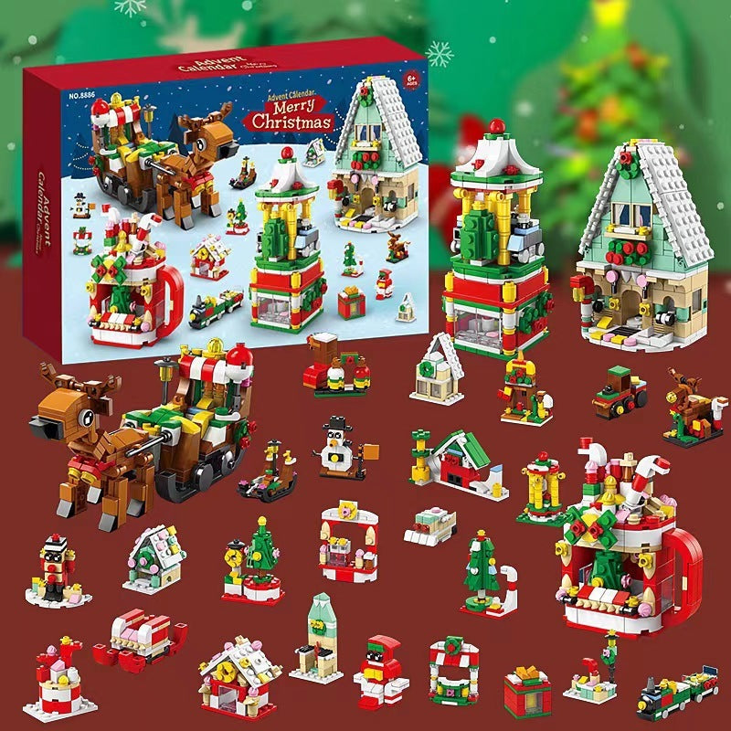HKM-133139 Assembled Small Building Block Ornaments Set for Christmas - Nutcracker, Sled, and Tree Models