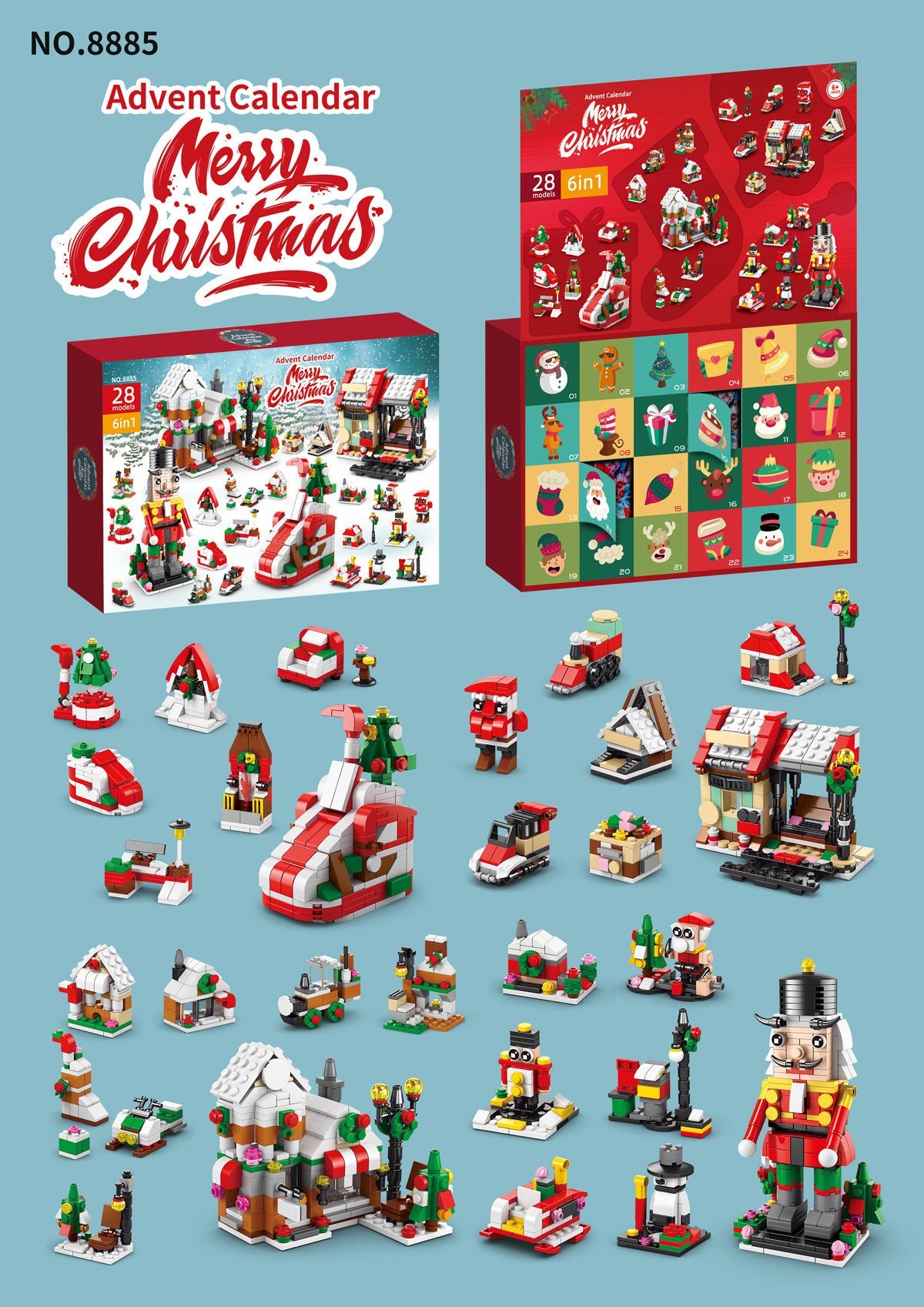HKM-133139 Assembled Small Building Block Ornaments Set for Christmas - Nutcracker, Sled, and Tree Models