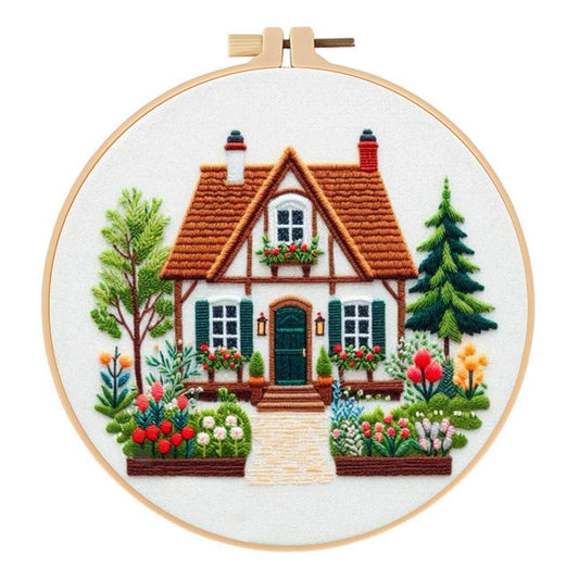KTX-133267 Garden Cottage Landscape Embroidery Fabric Kit - Cotton & Linen, 28x28cm