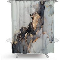 HKM-134163 Modern Abstract Marble Shower Curtain in Black and Gold Geometric Design