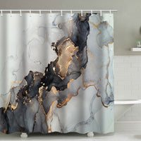 HKM-134163 Modern Abstract Marble Shower Curtain in Black and Gold Geometric Design