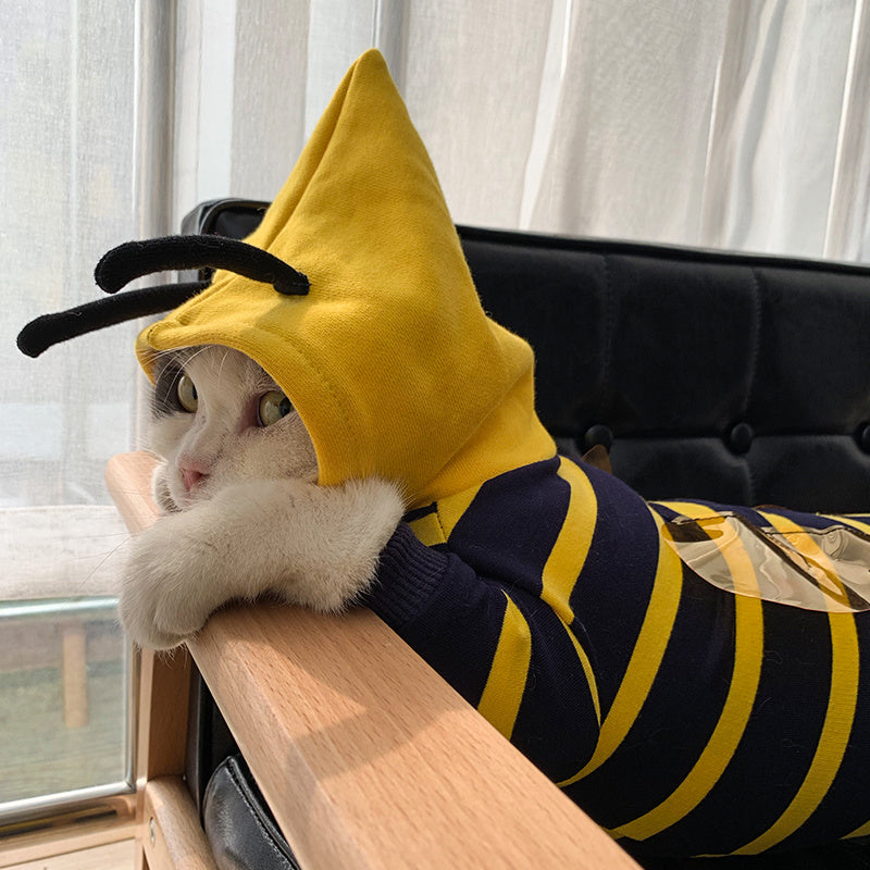 HKM-134739 Cozy Yellow Striped Bee Hoodie for Bulldogs – Plush Pet Costume Jacket