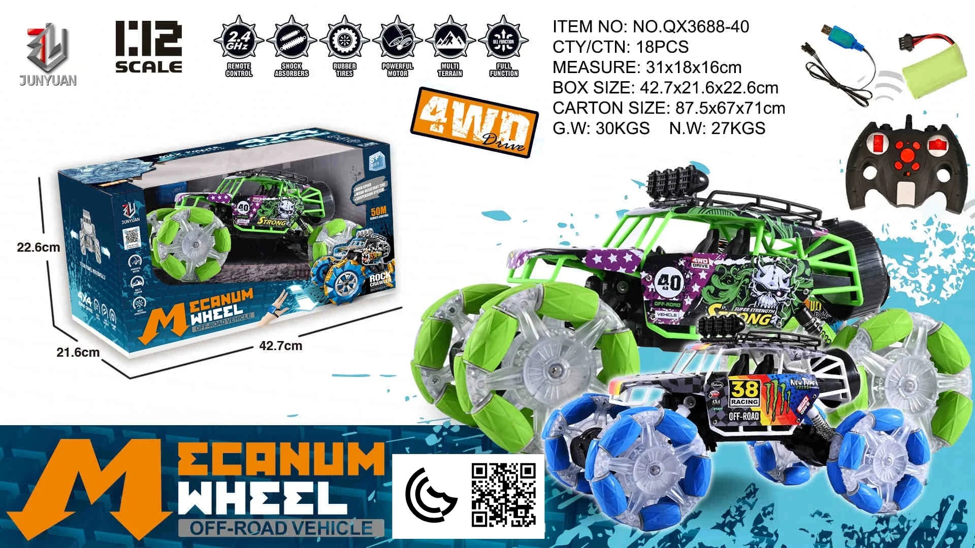 HKM-134739 Remote Control 1/12 Scale Alloy Stunt Wheel Off-Road Climbing Truck for Indoor/Outdoor Play