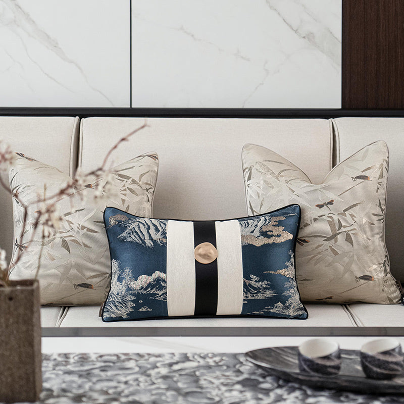 HKM-135315 Elegant Blue Landscape Embroidered Pillow Cover for Living Room Decor