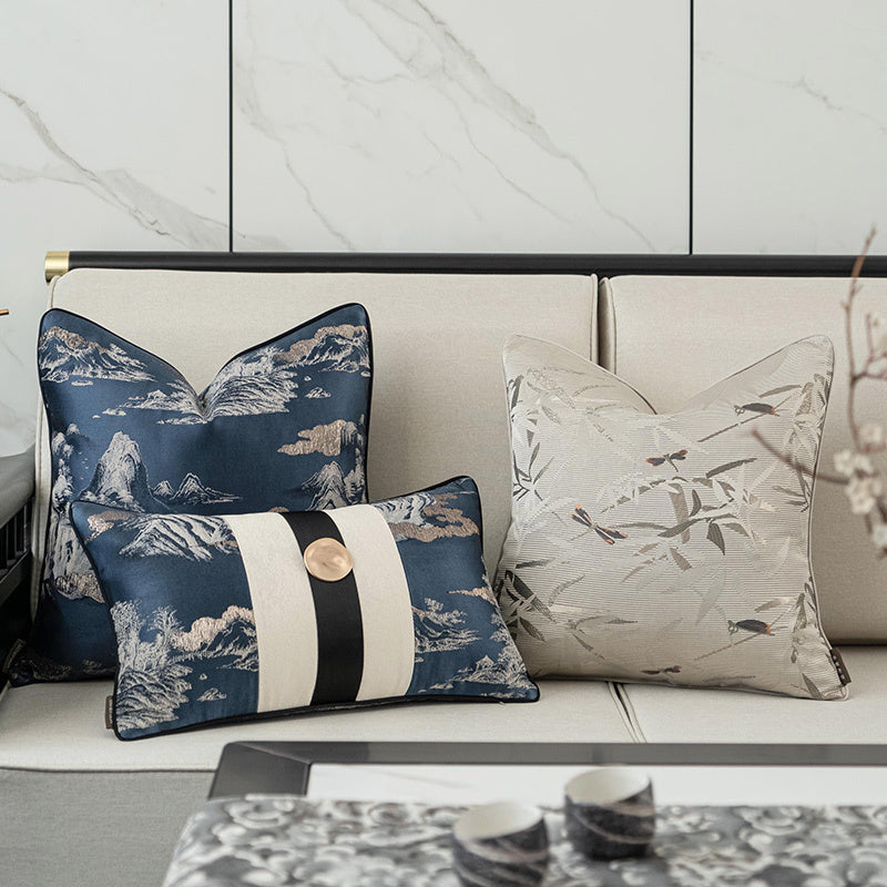 HKM-135315 Elegant Blue Landscape Embroidered Pillow Cover for Living Room Decor