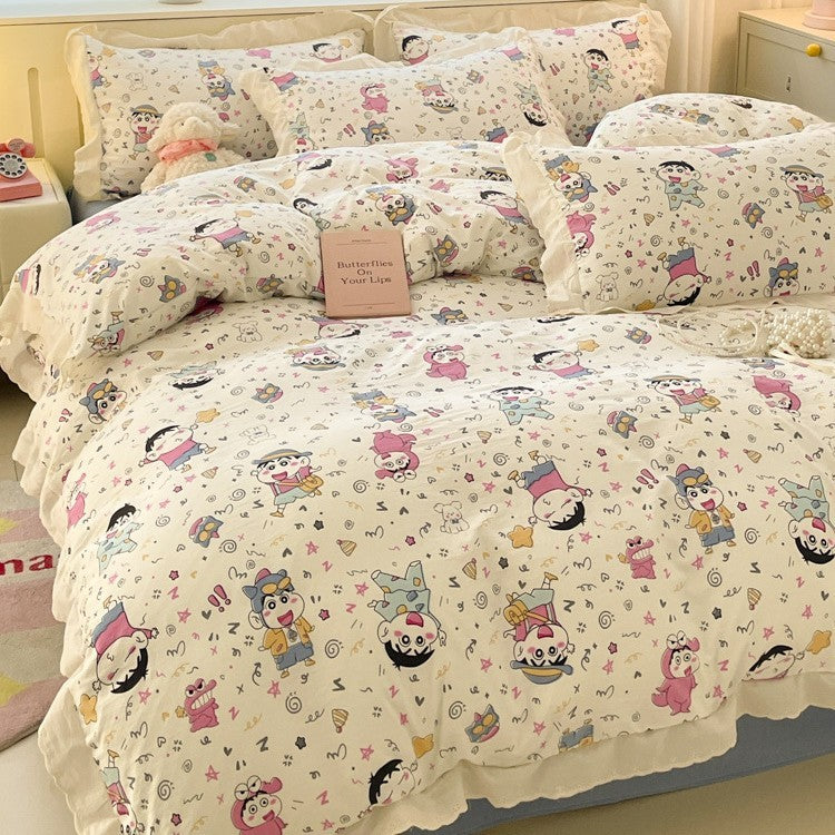 HKM-135315 Soft Washed Cotton Fitted Sheet with French Lace - Abstract & Animal Patterns