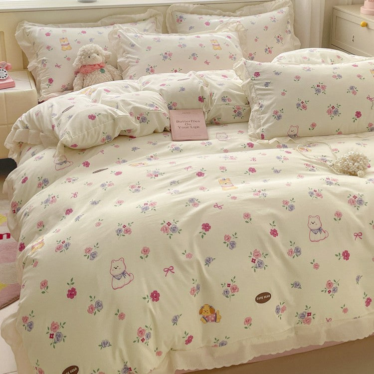 HKM-135315 Soft Washed Cotton Fitted Sheet with French Lace - Abstract & Animal Patterns