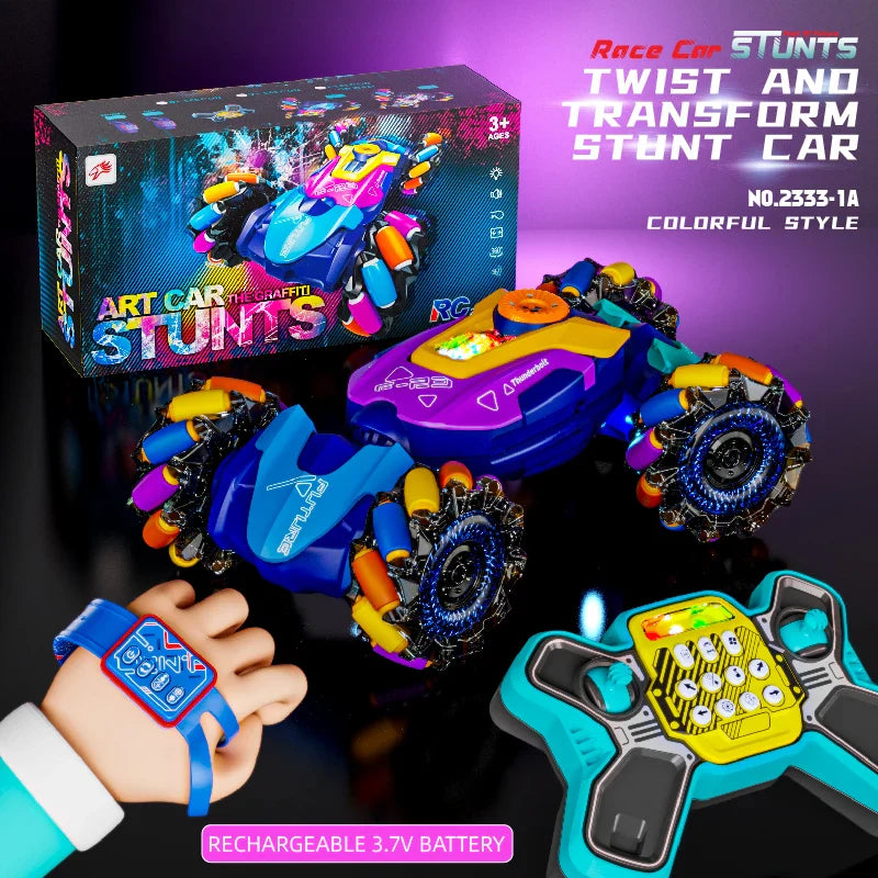 HKM-135891 Gesture Sensing Dual Remote Control Stunt Car with Light and Music, Transforming 4WD Drift Vehicle for Indoor Outdoor Play