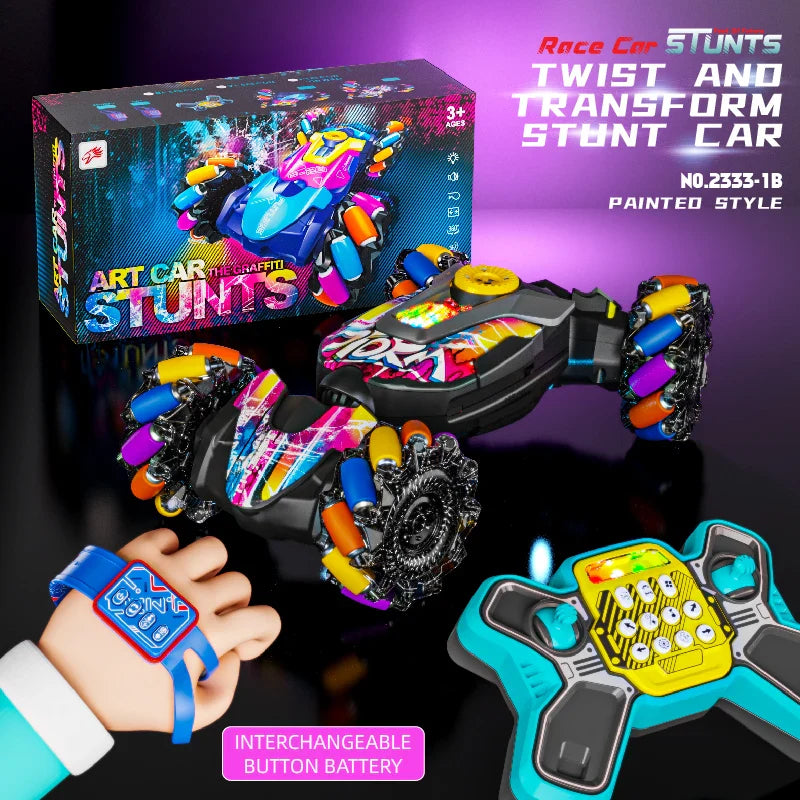 HKM-135891 Gesture Sensing Dual Remote Control Stunt Car with Light and Music, Transforming 4WD Drift Vehicle for Indoor Outdoor Play