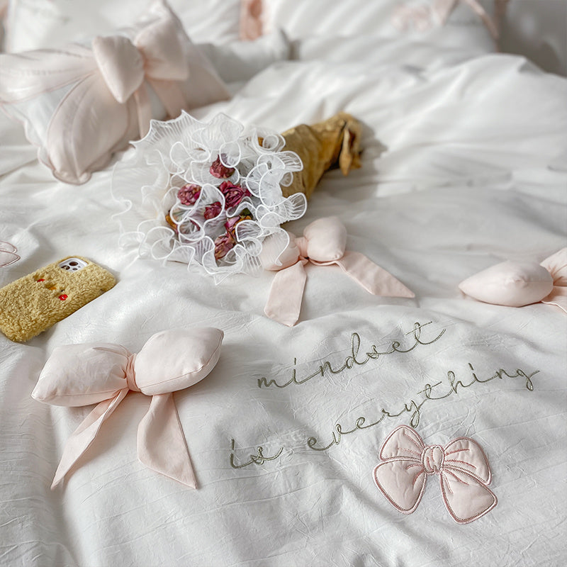 HKM-136467 Cotton Washed Three-Dimensional Bow Bedding Set – Includes Quilt Cover, Sheets, and Pillowcases, Multiple Sizes Available