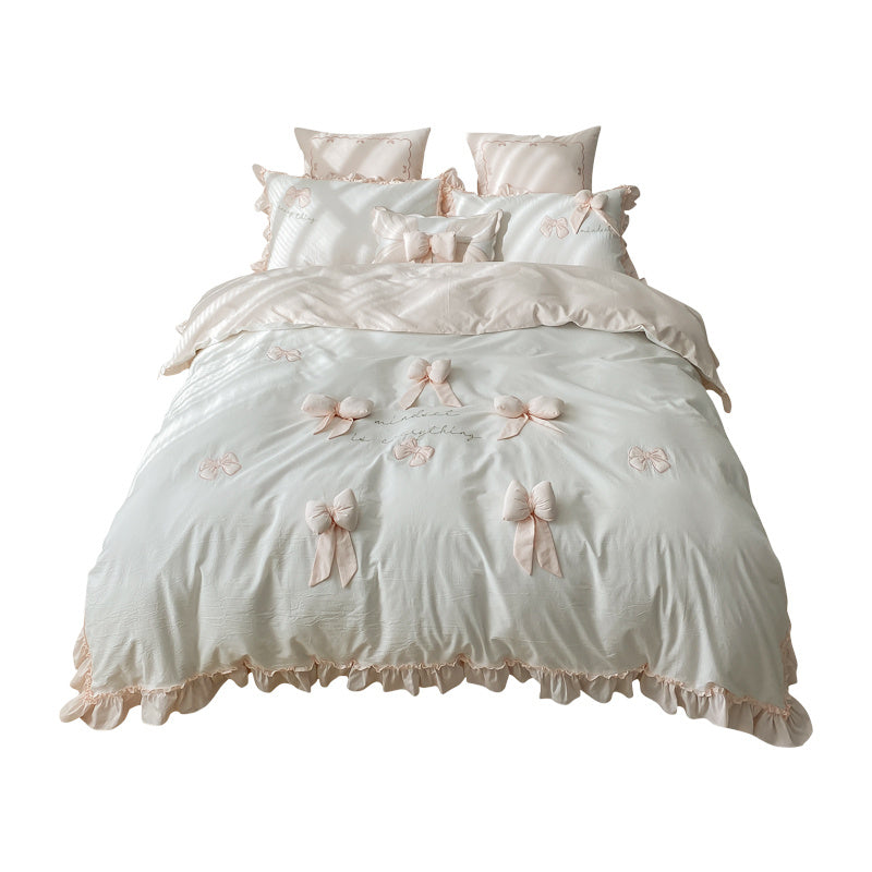 HKM-136467 Cotton Washed Three-Dimensional Bow Bedding Set – Includes Quilt Cover, Sheets, and Pillowcases, Multiple Sizes Available