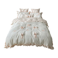 HKM-136467 Cotton Washed Three-Dimensional Bow Bedding Set – Includes Quilt Cover, Sheets, and Pillowcases, Multiple Sizes Available