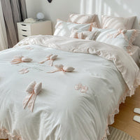 HKM-136467 Cotton Washed Three-Dimensional Bow Bedding Set – Includes Quilt Cover, Sheets, and Pillowcases, Multiple Sizes Available