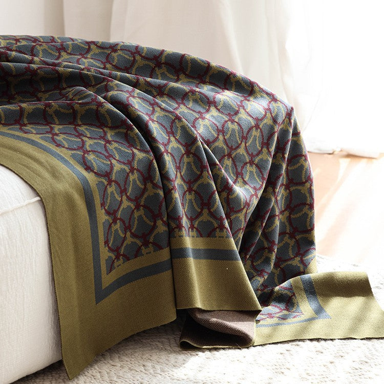 HKM-136467 Retro Geometric Chenille Knit Blanket in Olive and Light Gray for All-Season Decor