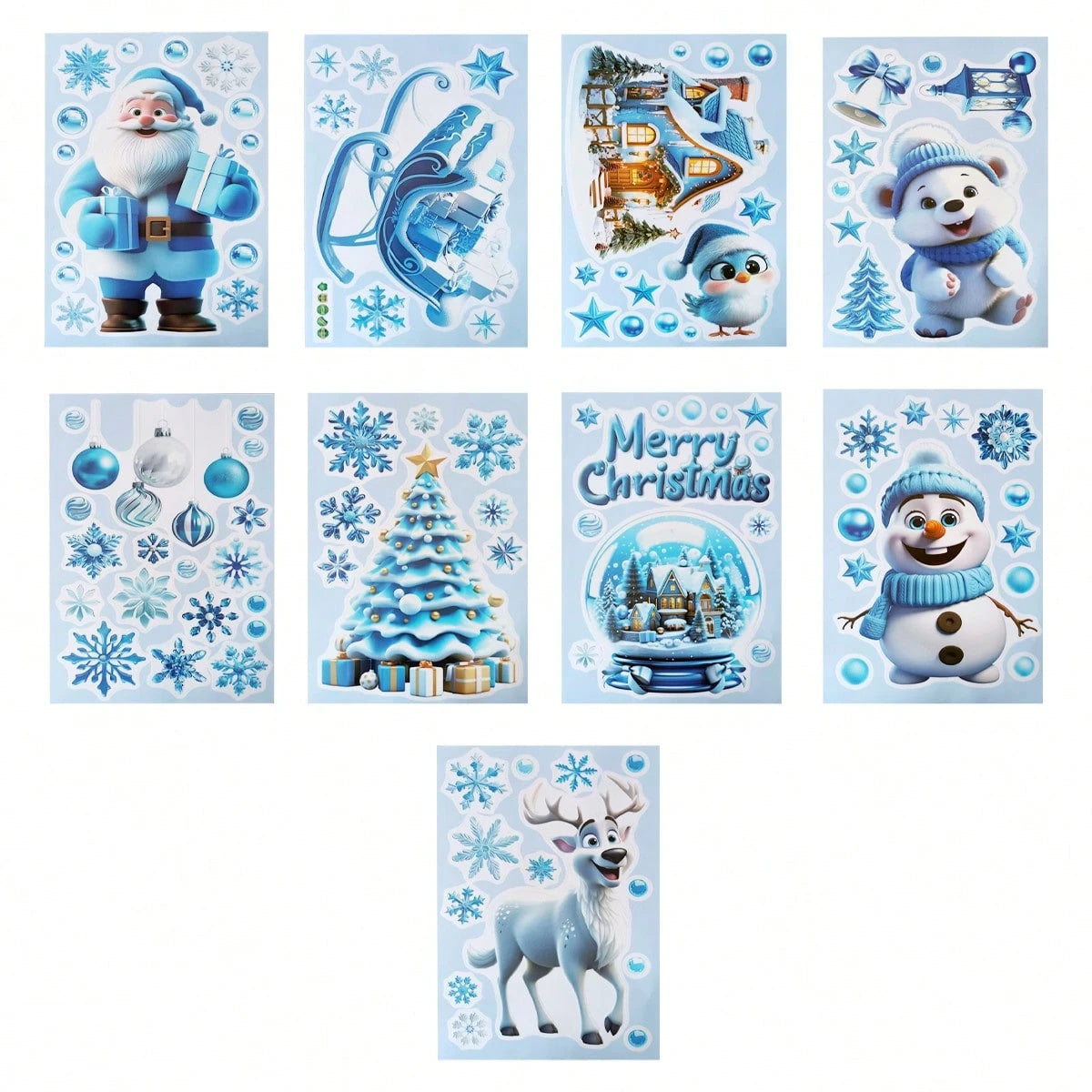 HKM-136595 Double-Sided Christmas Window Stickers featuring Blue Gnome and Snowflakes – 9 Sheets of PVC Self-Adhesive Decor for Indoor and Garden Use