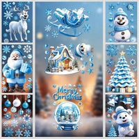 HKM-136595 Double-Sided Christmas Window Stickers featuring Blue Gnome and Snowflakes – 9 Sheets of PVC Self-Adhesive Decor for Indoor and Garden Use