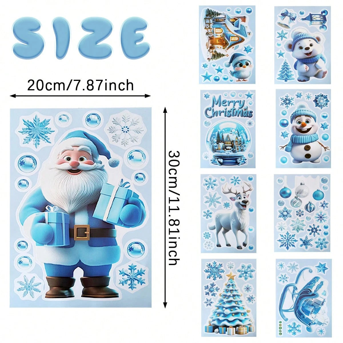 HKM-136595 Double-Sided Christmas Window Stickers featuring Blue Gnome and Snowflakes – 9 Sheets of PVC Self-Adhesive Decor for Indoor and Garden Use