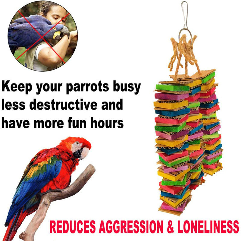 HKM-136723 Wooden Bird Gnawing Toy with Building Blocks and Three Strings