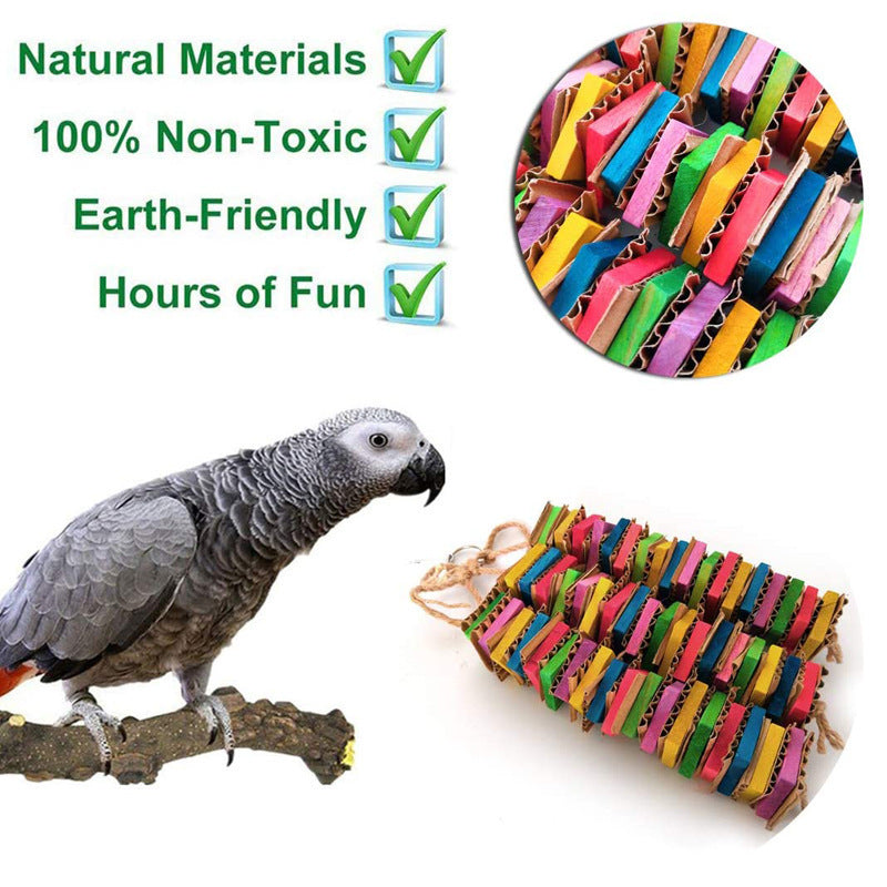 HKM-136723 Wooden Bird Gnawing Toy with Building Blocks and Three Strings