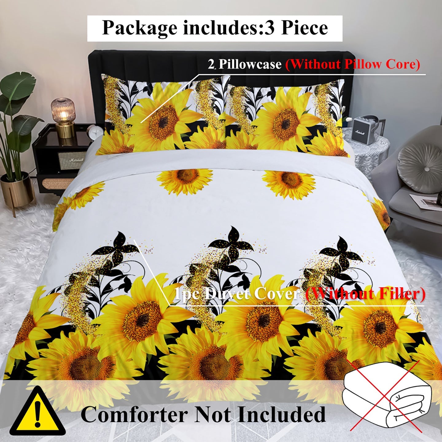 HKM-136787 Sunflower Microfiber Duvet Cover Set with Pillow Shams - Available in Twin, Full, Queen, King Sizes
