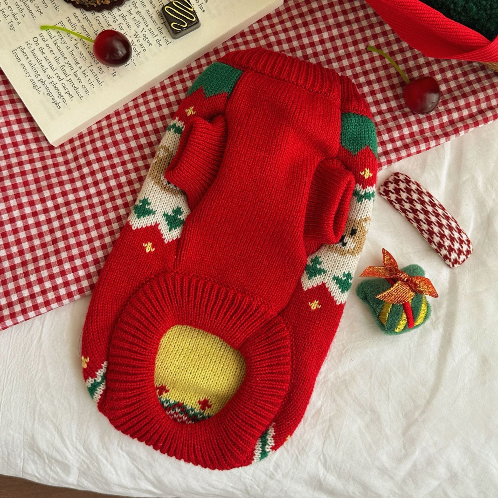 HKM-137043 Christmas Cherry Pet Sweater in Red – Warm Casual Clothing for Dogs and Cats, Available in Multiple Sizes