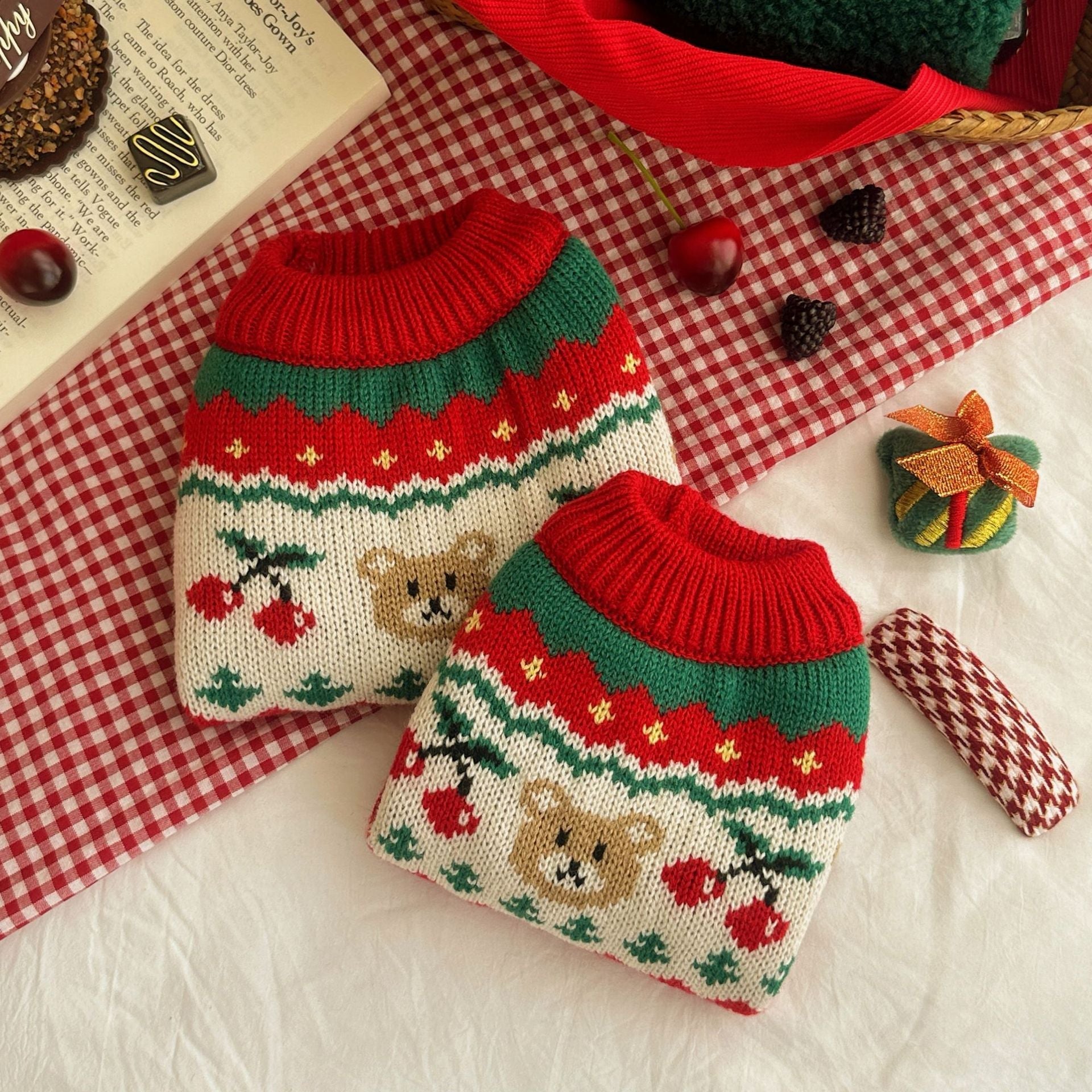 HKM-137043 Christmas Cherry Pet Sweater in Red – Warm Casual Clothing for Dogs and Cats, Available in Multiple Sizes