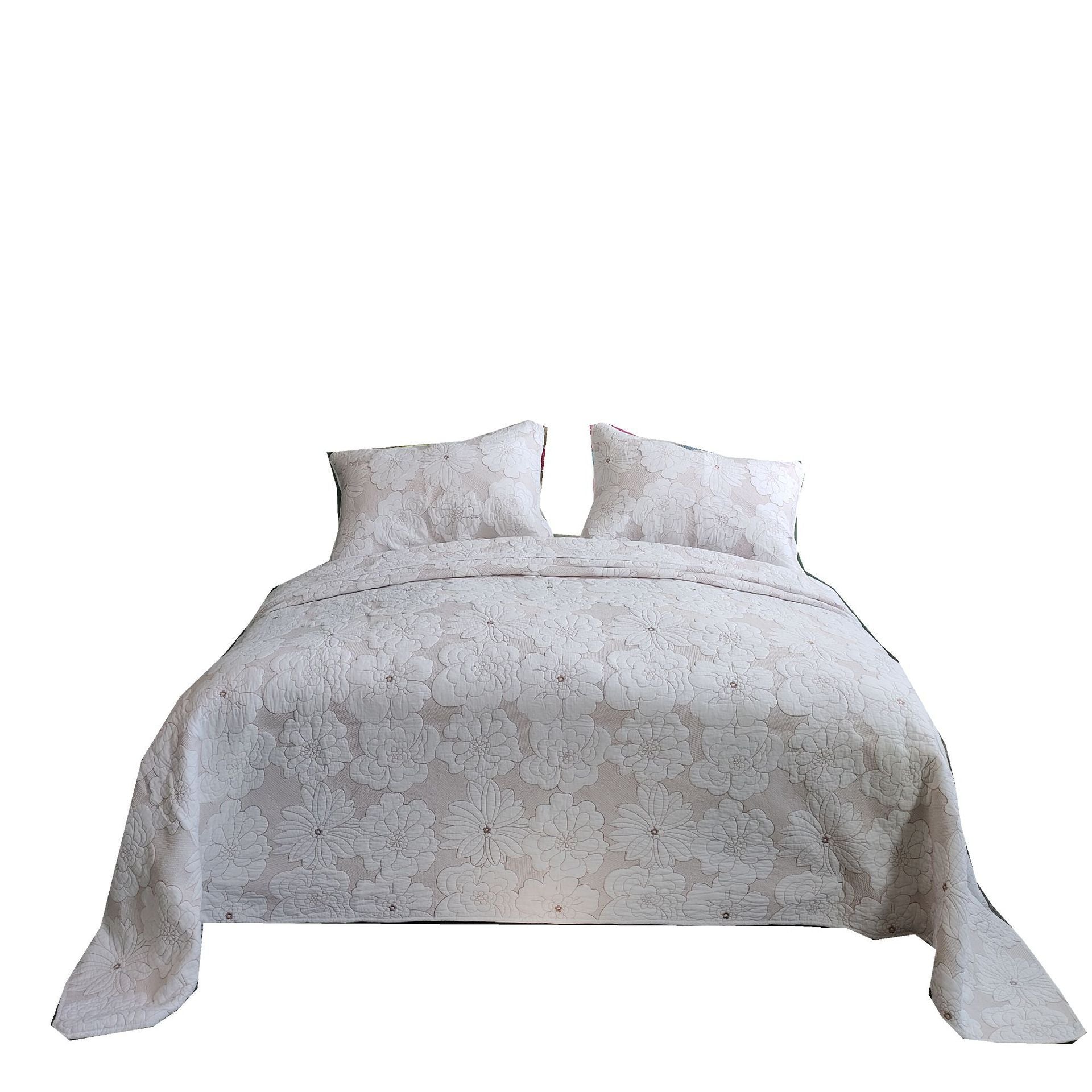 HKM-137619 Cotton Thickened White and Beige Camellia Embroidery Three-Piece Bedcover Set