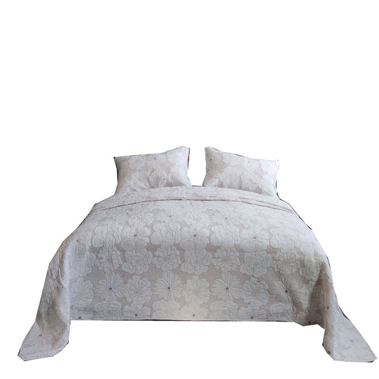 HKM-137619 Cotton Thickened White and Beige Camellia Embroidery Three-Piece Bedcover Set