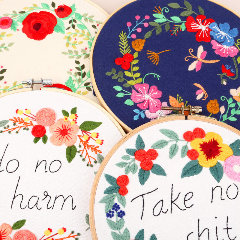 HKM-137619 DIY Hand-Embroidered Flower and Leaf Sewing Kit with Cotton Fabric and Embroidery Supplies