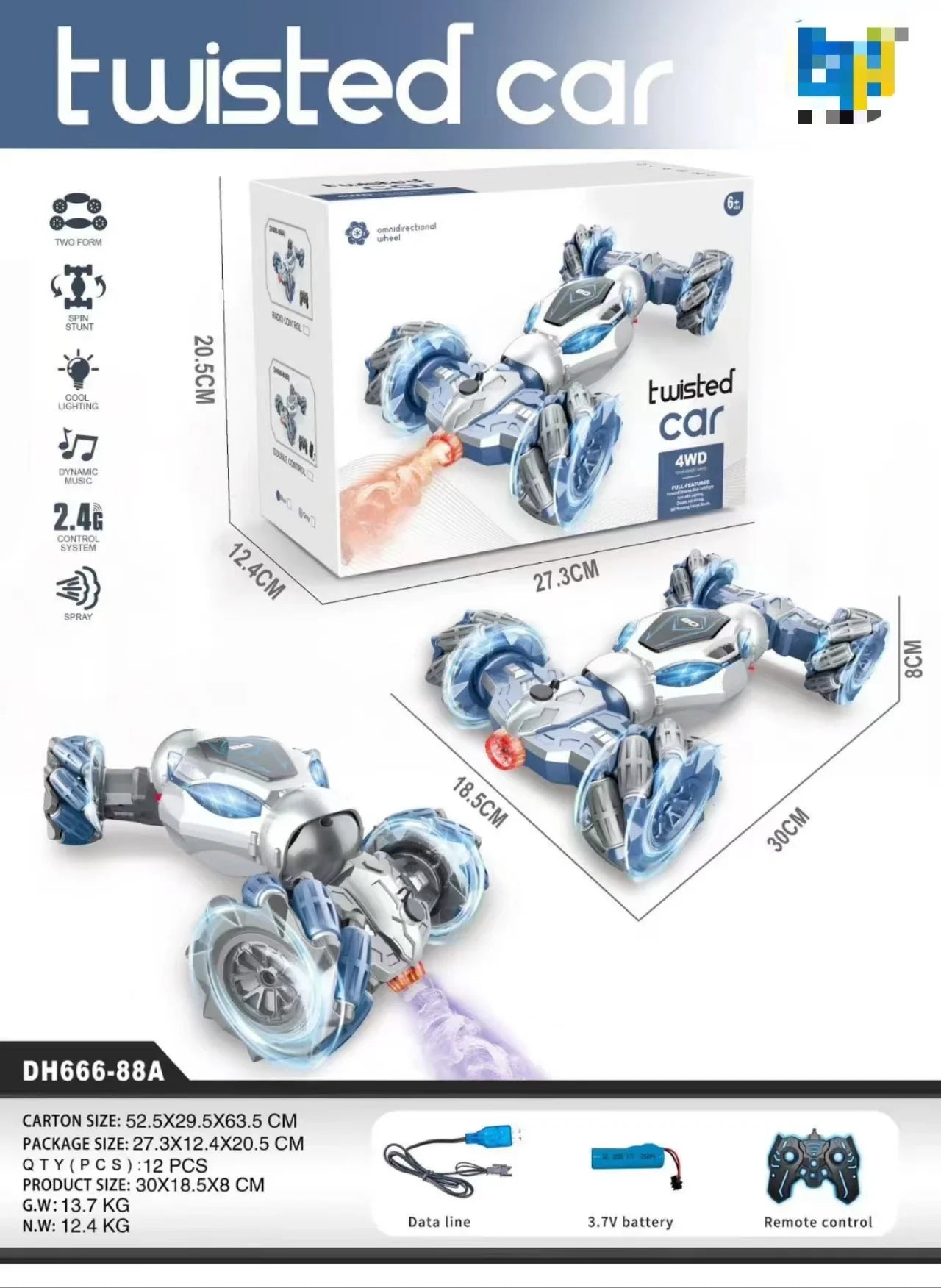 HKM-137619 Stunt Twist Remote Control Car with Lights, Music, and 360-Degree Rotation