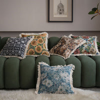 HKM-137747 Jacquard Multicolor Floral and Plant Throw Pillow Cases - 60x60cm & 45x45cm, Polyester with Tassels