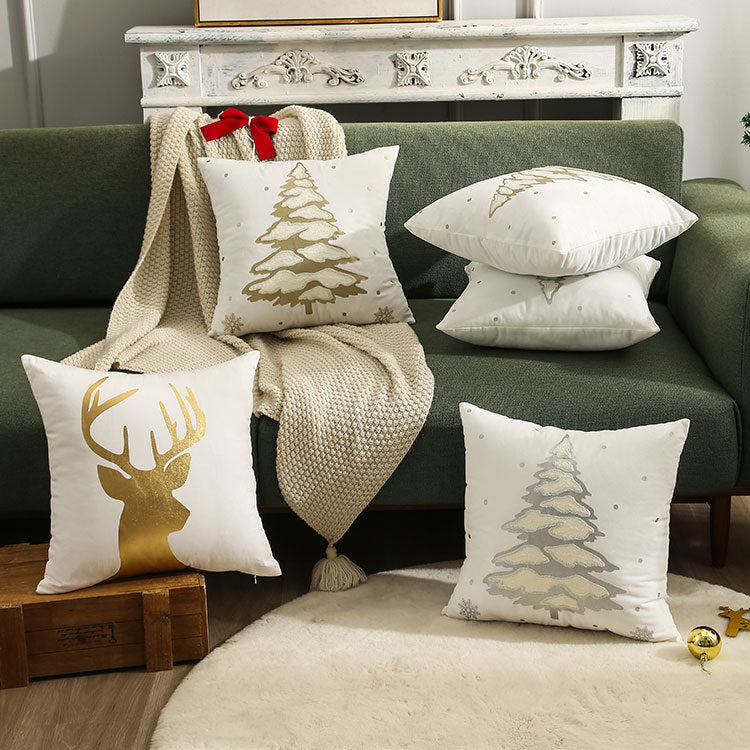 HKM-138003 Embroidered Christmas Tree Pillowcase in Golden and Silver, 45x45 cm Short Plush
