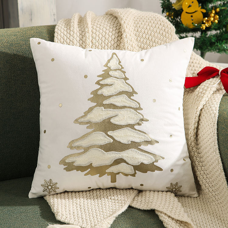 HKM-138003 Embroidered Christmas Tree Pillowcase in Golden and Silver, 45x45 cm Short Plush