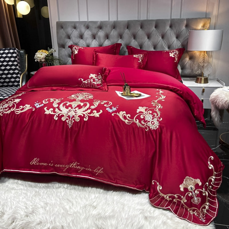 HKM-138771 Luxury Satin Wedding Four Piece Bed Set with Essential Oil Fragrance, Available in Multiple Baroque Colors