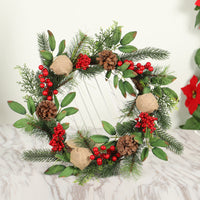HKM-139539 Natural Pine Christmas Wreath with Pine Cones and Berries, Festive Decorative Garland for Home and Garden