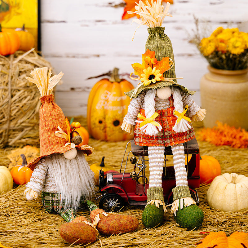 HKM-139731 Harvest Season Maple Leaf Straw Hat Hanging Dwarf Doll for Thanksgiving Decor