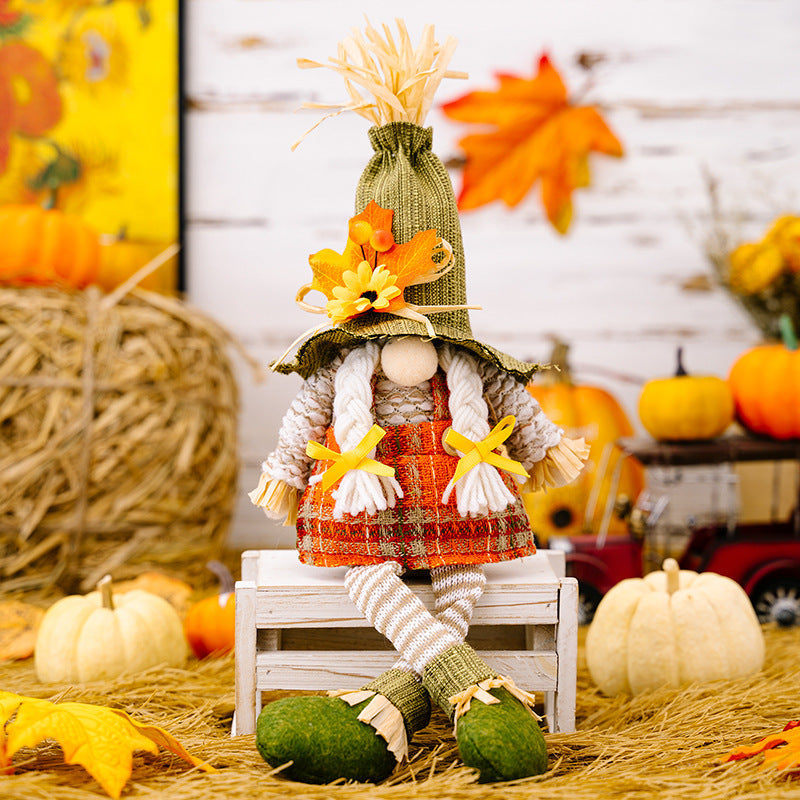 HKM-139731 Harvest Season Maple Leaf Straw Hat Hanging Dwarf Doll for Thanksgiving Decor