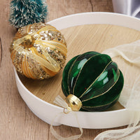 HKM-139859 Green Striped Flocking Glass Christmas Ball Decoration - 80mm Geometric Ornament