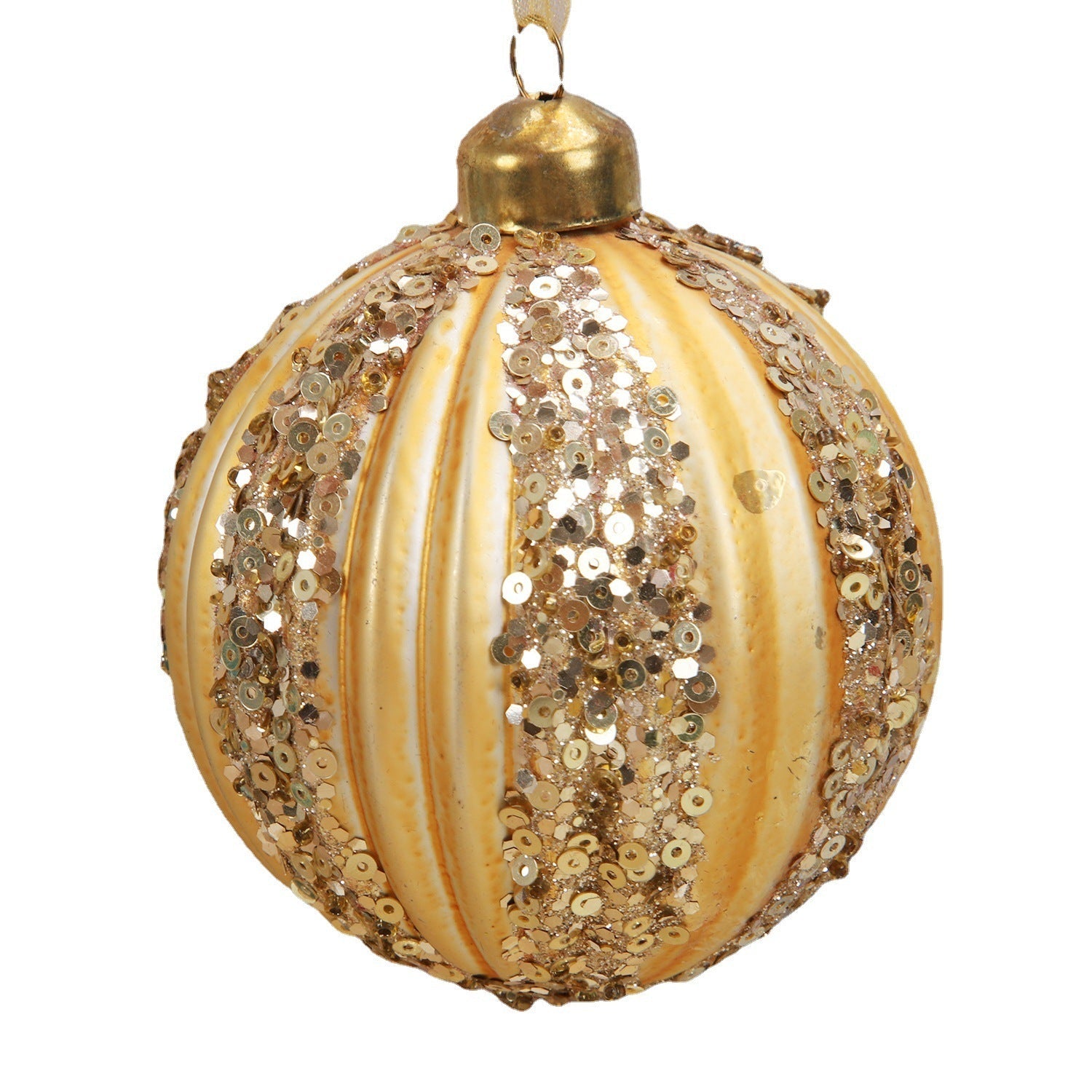 HKM-139859 Green Striped Flocking Glass Christmas Ball Decoration - 80mm Geometric Ornament