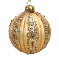 HKM-139859 Green Striped Flocking Glass Christmas Ball Decoration - 80mm Geometric Ornament