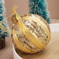 HKM-139859 Green Striped Flocking Glass Christmas Ball Decoration - 80mm Geometric Ornament