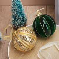 HKM-139859 Green Striped Flocking Glass Christmas Ball Decoration - 80mm Geometric Ornament