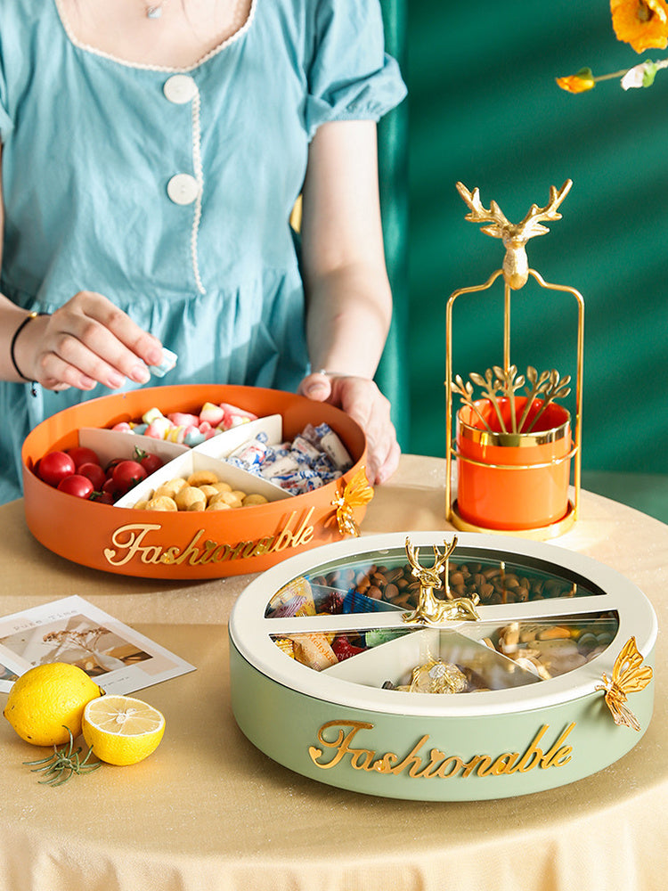 HKM-140051 Premium Round Metal Fruit Bowl - Snack Storage Box in Green, Orange, Blue, and Light Green