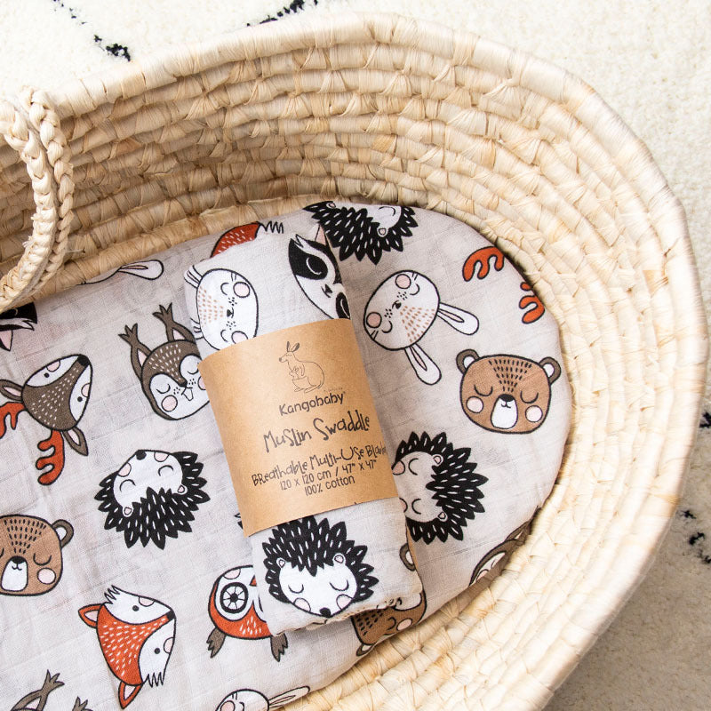 HKM-140243 Cotton Baby Gauze Wrapper with Cartoon Designs and Startle Blanket