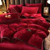 HKM-140243 Thickened Winter Coral Flannel Bedding Set with Double-Sided Duvet Cover in Various Colors