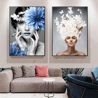 HKM-140627 Modern Decorative Painting on Canvas - Framed Blue and Cream Artwork, Rectangular Design