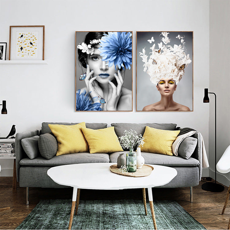 HKM-140627 Modern Decorative Painting on Canvas - Framed Blue and Cream Artwork, Rectangular Design