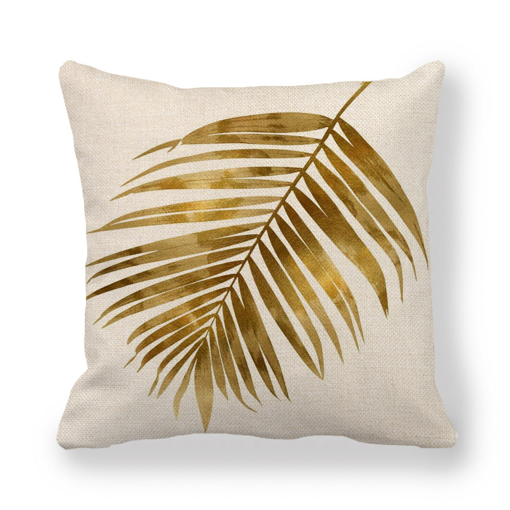 HKM-140755 Golden Palm Leaf Watercolor Linen Pillowcase - 45x45cm Cartoon Design