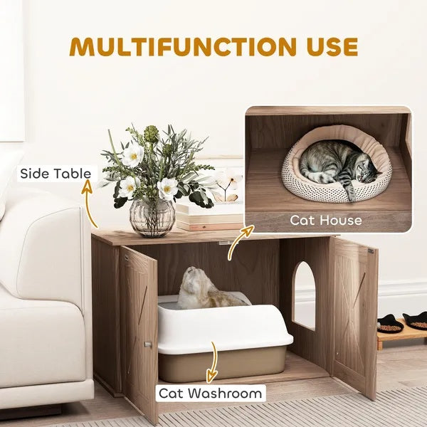 HKM-141075 Stylish Walnut Cat Litter Box Enclosure with Ventilated Door and Cat Access Hole